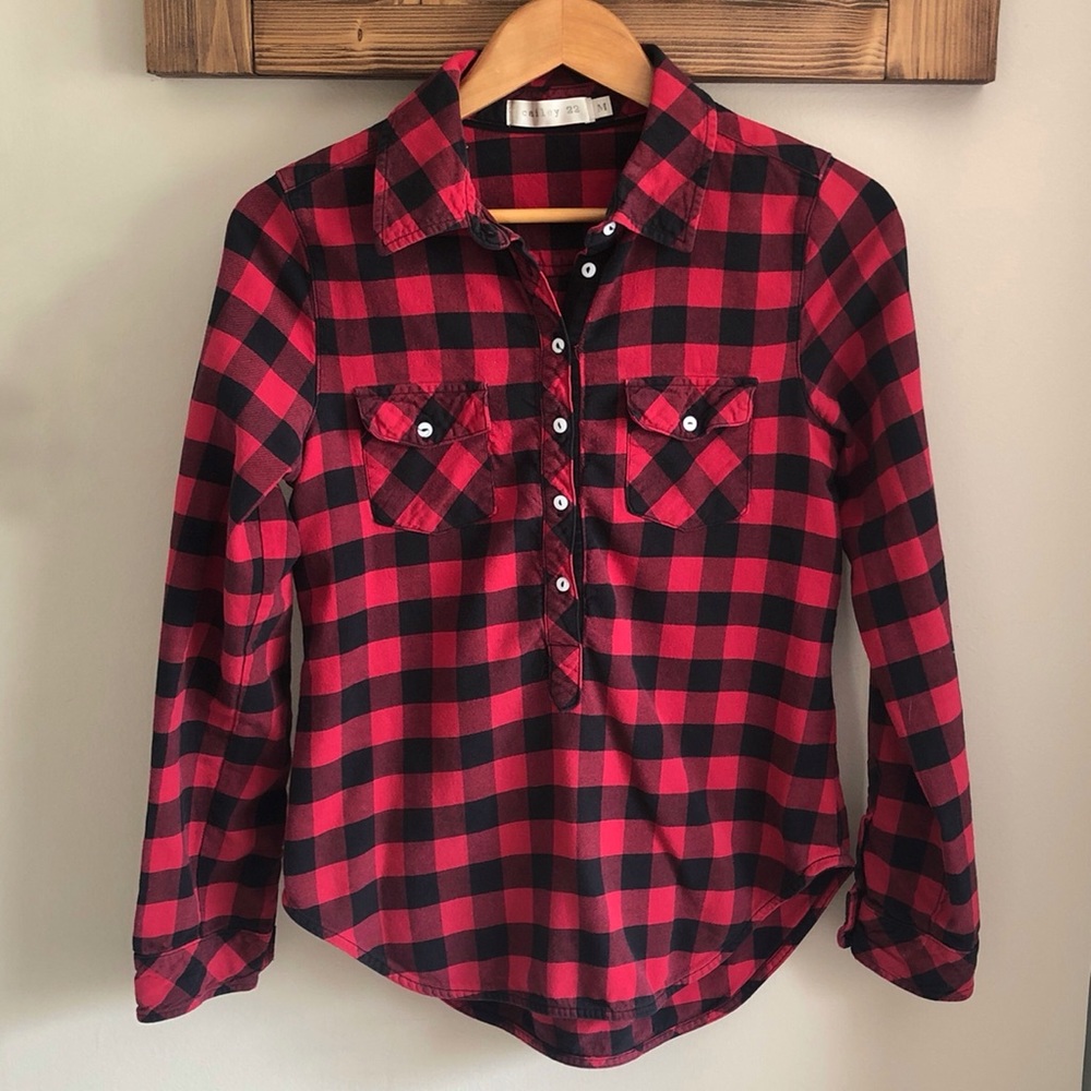Red And Black Plaid Checkered Button Halfway Top